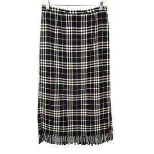 Vintage Women's M Black & White Plaid Fringe Midi Skirt Zip Closure Academia Sc